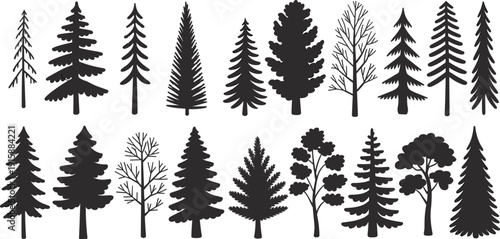 Stylized tree silhouettes collection, diverse coniferous and deciduous shapes, black outlines, artistic nature illustration, design reference inspiration