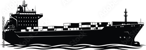 Cargo container ship silhouette vector illustration, maritime logistics transport vessel at sea, commercial shipping industry concept, black and white nautical artwork