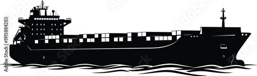 Cargo container ship vector illustration with large commercial freight vessel at sea, black silhouette icon for maritime logistics, shipping industry, ocean transport design
