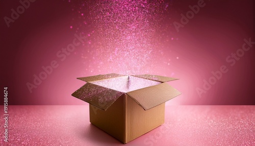 Open Cardboard Box On Pink Background Emitting Pink Glitter Suggesting Magic Surprise Or Excitement