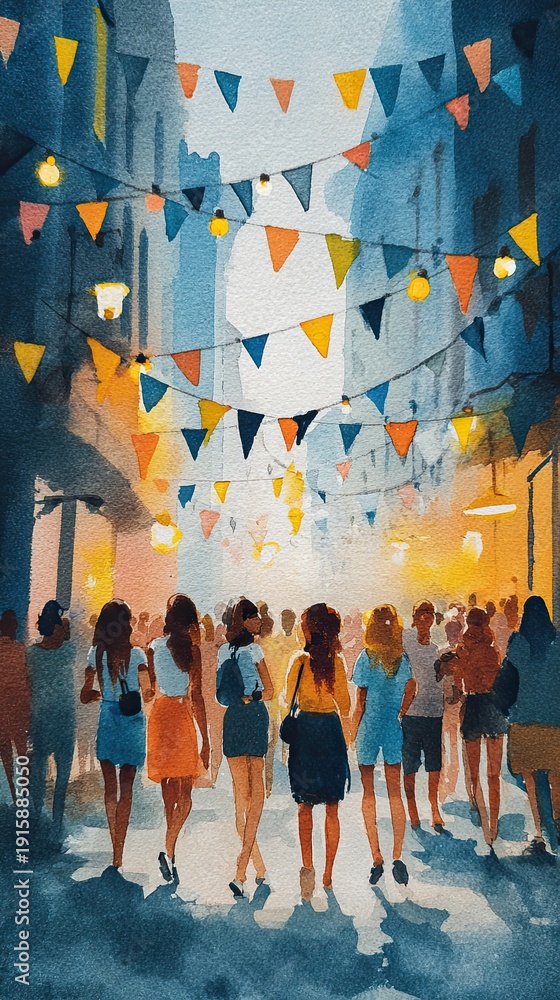 Naklejka premium A lively street scene with a crowd of people walking under colorful triangular flags and hanging lights in a bright urban setting.
