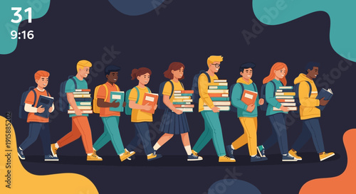 Diverse Group of Students Walking in Line Carrying Backpacks and Stacks of Books. Back to School and Education Concept Vector Illustration.