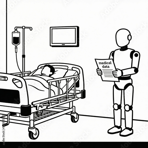 AI Medical Assistant: An advanced, humanoid robot in a sterile hospital room, meticulously reviewing medical data while attending a patient resting in bed, symbolizing the future of healthcare.