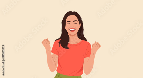 Excited Woman Celebrating Success. Happy Girl Clenching Fists in Victory Gesture. Achievement and Triumph Concept Illustration.