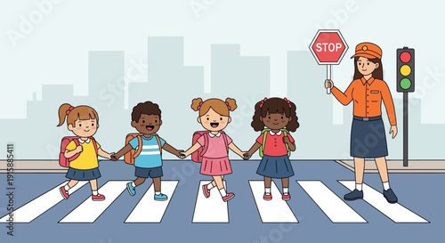 Diverse School Children Safely Crossing Street with Crossing Guard. Kids on Crosswalk Holding Hands. Traffic Safety Education Vector.