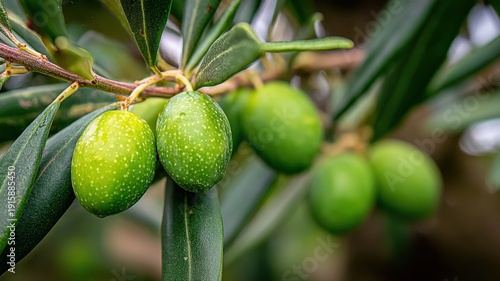 Wallpaper Mural Fresh Green Olives on the Branch in the Orchard, Symbolizing Mediterranean Agriculture and Healthy Lifestyle Torontodigital.ca