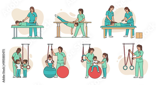 Pediatric Physical Therapy Session Set. Vector illustrations of physiotherapists assisting children with rehabilitation exercises, massage, parallel bars, and gym balls.