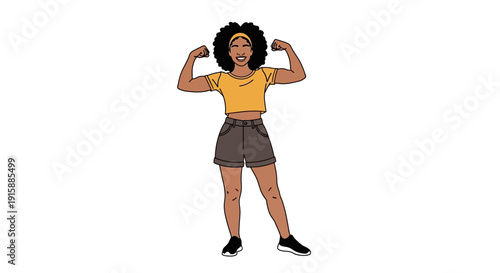 Empowered Black Woman Flexing Biceps: Confident Female Strength and Diversity Illustration. Fitness, self-love, and power concept vector art.
