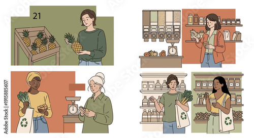 Zero Waste Lifestyle Illustration: Women Shopping Sustainably for Fresh Produce and Bulk Foods in Eco-Friendly Grocery Stores.