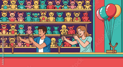 Happy Couple Playing Slingshot Game at Carnival to Win Teddy Bear Prizes. Fun Fairground Competition Illustration.