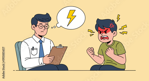 Angry client shouting at psychologist during therapy session. Emotional explosion, rage, and mental health counseling illustration.