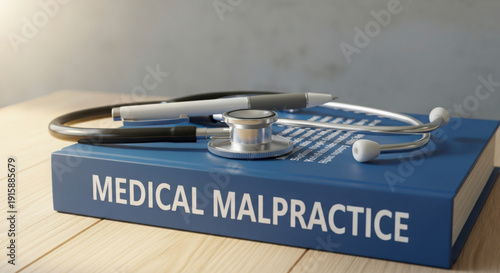 Medical malpractice book with stethoscope on top for healthcare professionals