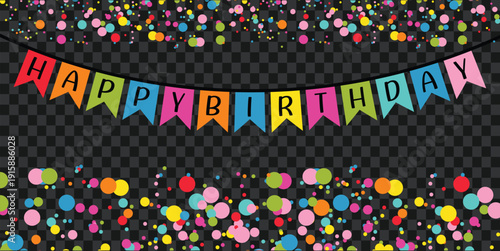 Colorful happy birthday banner with confetti on a dark PNG background