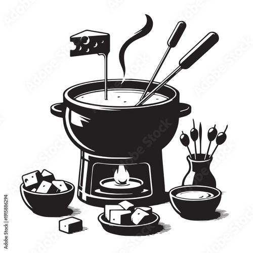 Black Cheese Fondue Silhouette Vector, High Quality Illustration on White Background