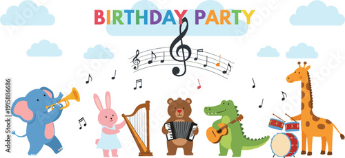 Colorful cartoon birthday party with animals playing musical instruments, featuring festive decorations, rainbow text, and joyful celebration for kids and invitations.