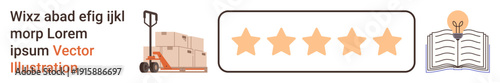 Logistics, customer feedback, learning resources, shipping, ratings, e-commerce. Pallet jack with boxes, five-star review and open book with a light bulb. Logistics and customer feedback concepts
