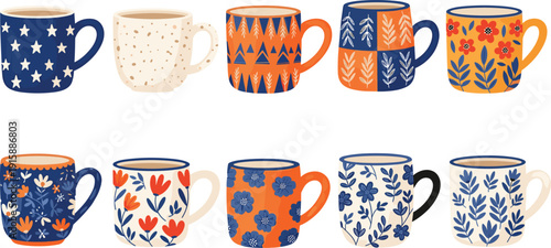 Colorful ceramic mug illustration set with artistic patterns and motifs, vector for kitchenware, product design, home decor, and branding themes