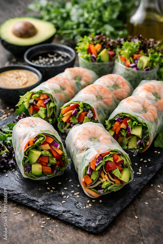 Fresh Shrimp and Vegetable Spring Rolls with Colorful Ingredients and Sauces