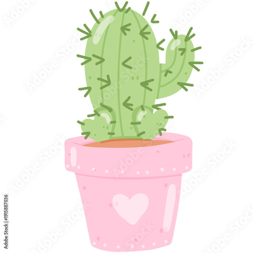 Hand-drawn cute potted cactus illustration, kawaii succulent heart-patterned pot
