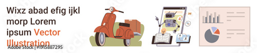 Transportation, e-learning, data visualization, urban lifestyle, technology, reporting. Vintage scooter, online learning tools and pie charts. Transportation and e-learning concept