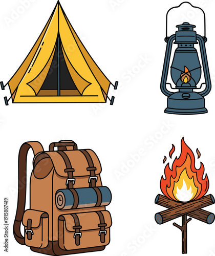 Camping essentials illustration featuring tent, lantern, backpack and campfire icons for outdoor adventure, hiking, travel, wilderness tourism design and camping equipment concepts