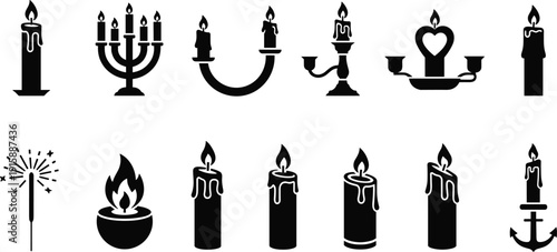 Candle silhouette icon set, wax lights with flames, vintage candelabra, sparkler, tea light and wall sconce vector illustration collection, black and white