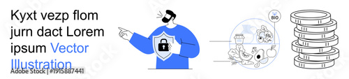Cybersecurity, data protection, financial security, online transactions, digital safety, secure technology. Man pointing to shield icon, data flow diagram coin stack. Cybersecurity and data