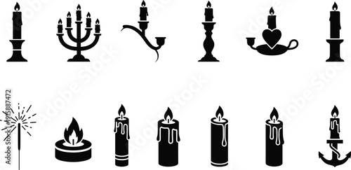 Candle silhouette set, wax lights in vintage holders, candelabra, sparkler and tea light vector illustration, black and white design icons, isolated symbols