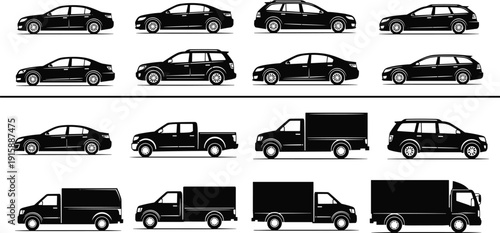 Car and delivery truck silhouettes collection isolated on white background, passenger vehicles and cargo transport icons, black vector illustration set