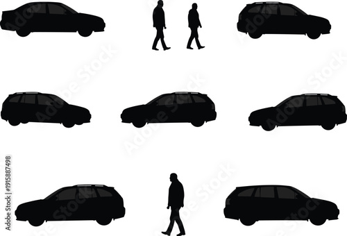 Car and Pedestrian Silhouette Vector Set, Black and White Urban Mobility Illustrations, Traffic Scene Icons, Road Safety, City Transport Design Elements