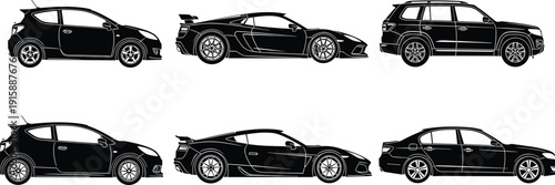 Car silhouette side view collection, modern hatchback sedan sports coupe SUV designs isolated on white background, automotive black vector illustration set