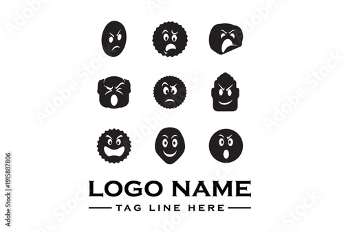 Black and white logo template featuring nine emoticon faces arranged in three rows on a clean white background with a placeholder text for logo name and tagline.