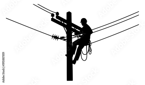 
Electrical power lineman silhouette vector climbing utility pole isolated on white