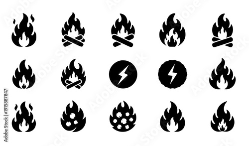 
Bold fire flame silhouette icon set with burning fireball and energy symbols vector