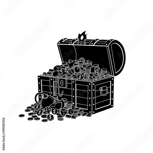 Opening treasure chest of gold coins illustration, angled view on plain background
