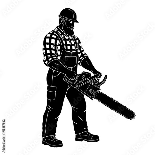 Man in Hardhat and Plaid Overalls Operating Chainsaw – Front View Illustration