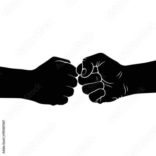 Clashing fists silhouette in stark contrast - symmetrical black illustration from frontal view