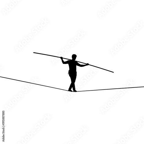 Silhouette Person Balances on Tightrope with Pole – Minimalist Black Vector