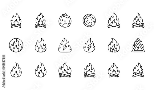 
Fire flame outline icon set with burning fireball and energy symbols vector illustration