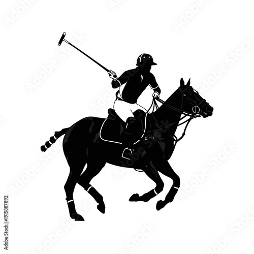 Dynamic Galloping Polo Player on Horse with Raised Mallet - Action Illustration from Front View