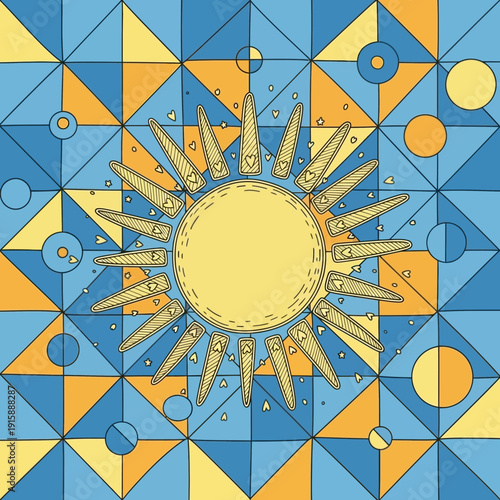 Radiant Sunburst Illustration with Color Rays Over Geometric Canvas, Energetic Front View