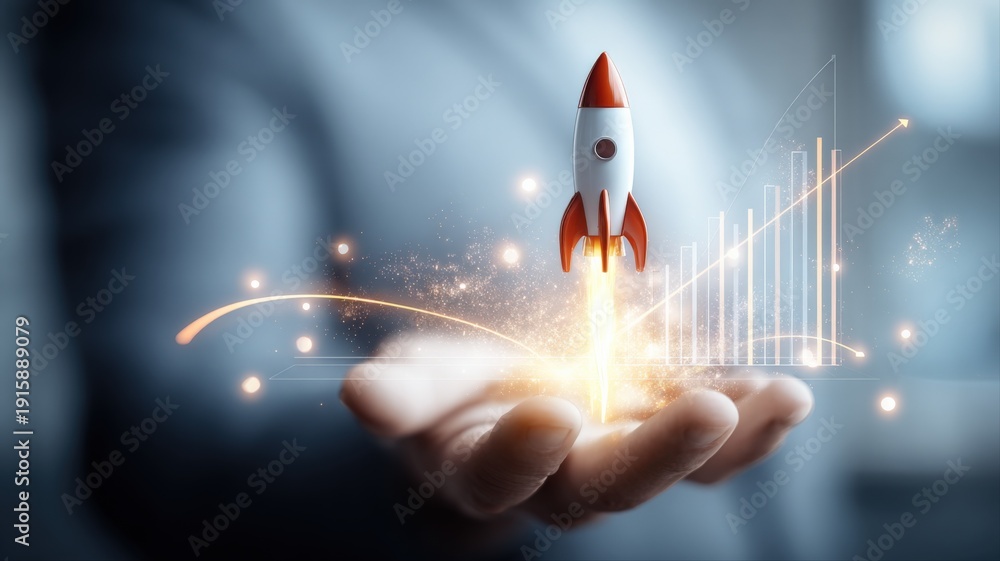 Naklejka premium Rocket Launch on Hand with Growth Chart, Symbolizing Business Startup and Financial Success