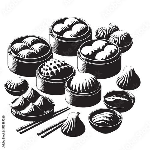 Black Dim Sum Silhouette Vector, High Quality Illustration on White Background