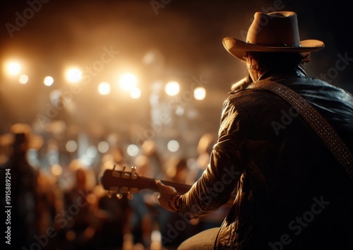 Country musician performing live on stage with a crowd, under warm stage lights at night