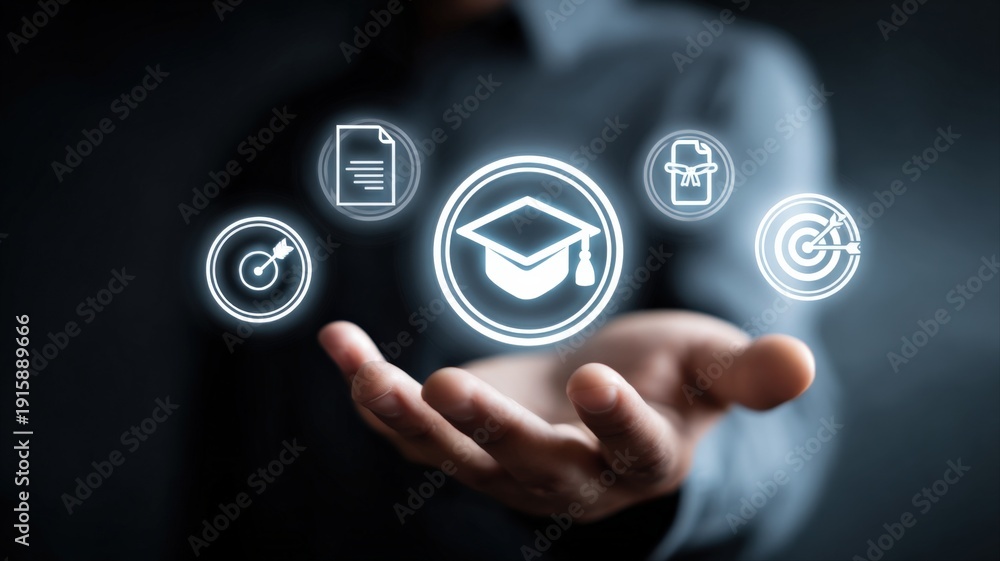 Fototapeta premium Hand Presenting Online Education Concept with Graduation Cap and Skill Icons for Business Success