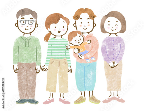 三世代家族のイラスト/赤ちゃんを抱っこする父親と母親と祖父母	
