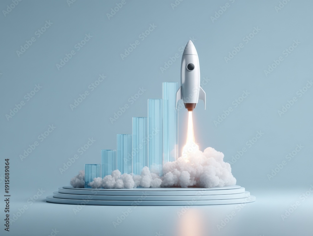 Naklejka premium Rocket Launching Over Ascending Bar Graph: Symbolizing Business Growth, Startup Success, and Market Leadership