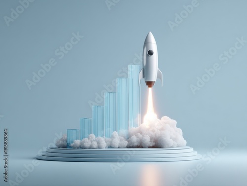 Rocket Launching Over Ascending Bar Graph: Symbolizing Business Growth, Startup Success, and Market Leadership