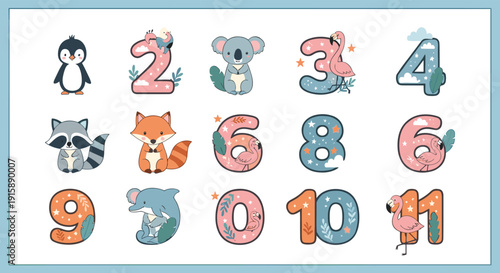 Colorful educational animal and number illustration for kids learning, featuring playful wildlife characters and decorative digits in a vibrant grid layout for preschool materials.