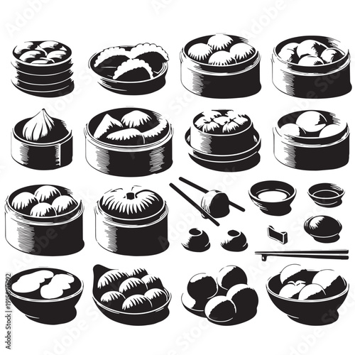 Black Dim Sum Silhouette Vector, High Quality Illustration on White Background